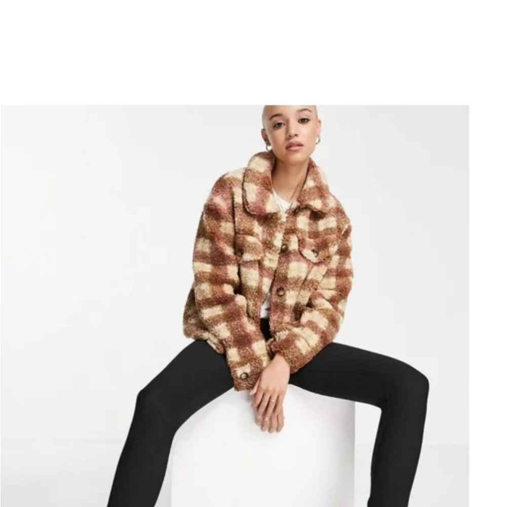 Avec Les Filles Cream and Brown Plaid Teddy Jacket - Picture 5 of 12